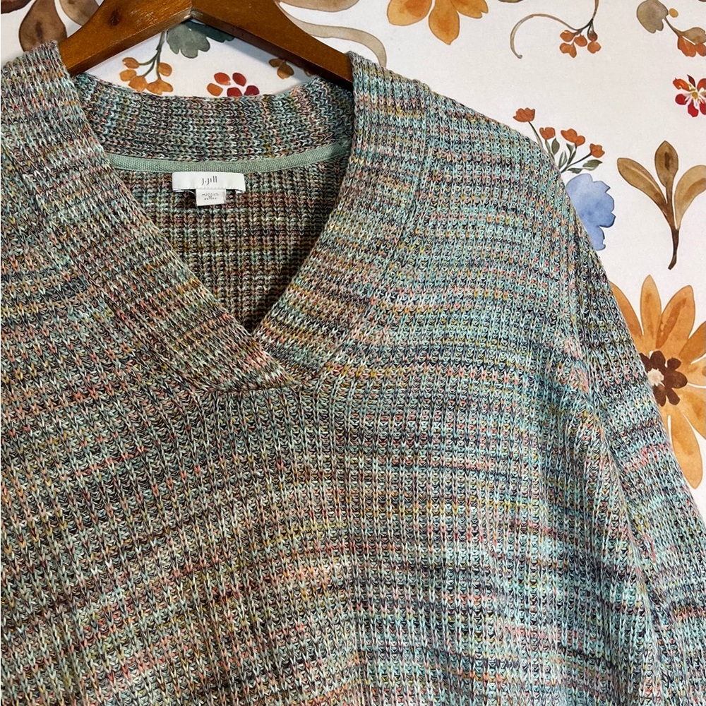 J. Jill MP Green Orange Marled V Neck Fall Spring Office Casual Weekend Sweater
